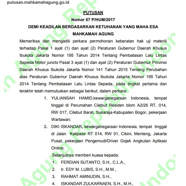 MA Batalkan Pergub DKI Soal Pembatasan Lalu Lintas Sepeda Motor