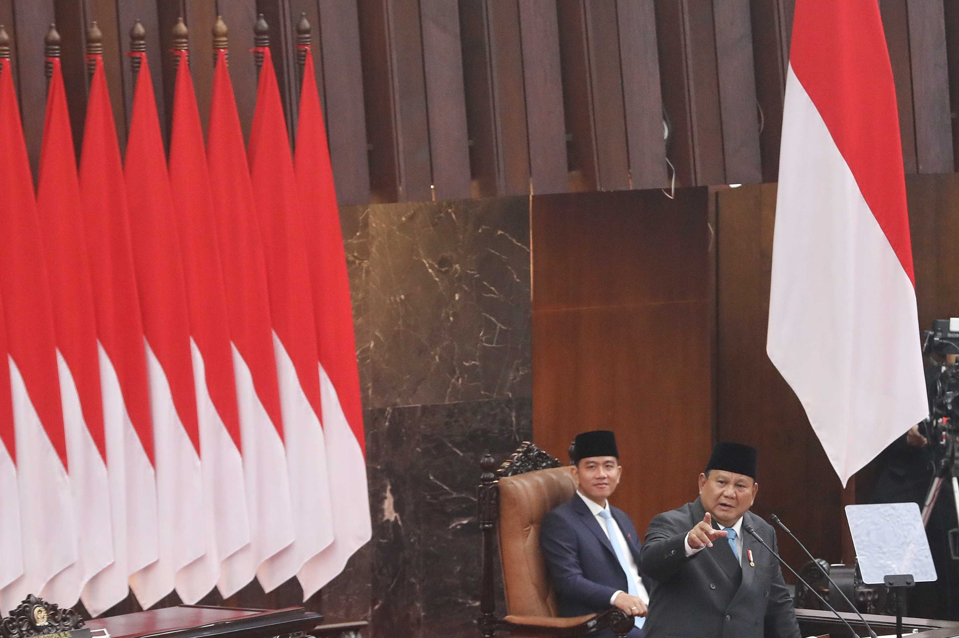 Presiden Prabowo Subianto menyampaikan pidato pada Rapat Paripurna DPR RI ke-19 Masa Persidangan V Tahun Sidang 2025—2026 dalam rangka penyampaian Kerangka Ekonomi Makro (KEM) dan Pokok-Pokok Kebijakan Fiskal (PPKF) RAPBN 2027 di Gedung Nusantara, Kompleks Parlemen, Senayan, Jakarta, Rabu (20/5/2026)./Bisnis-Eusebio Chrysnamurti
