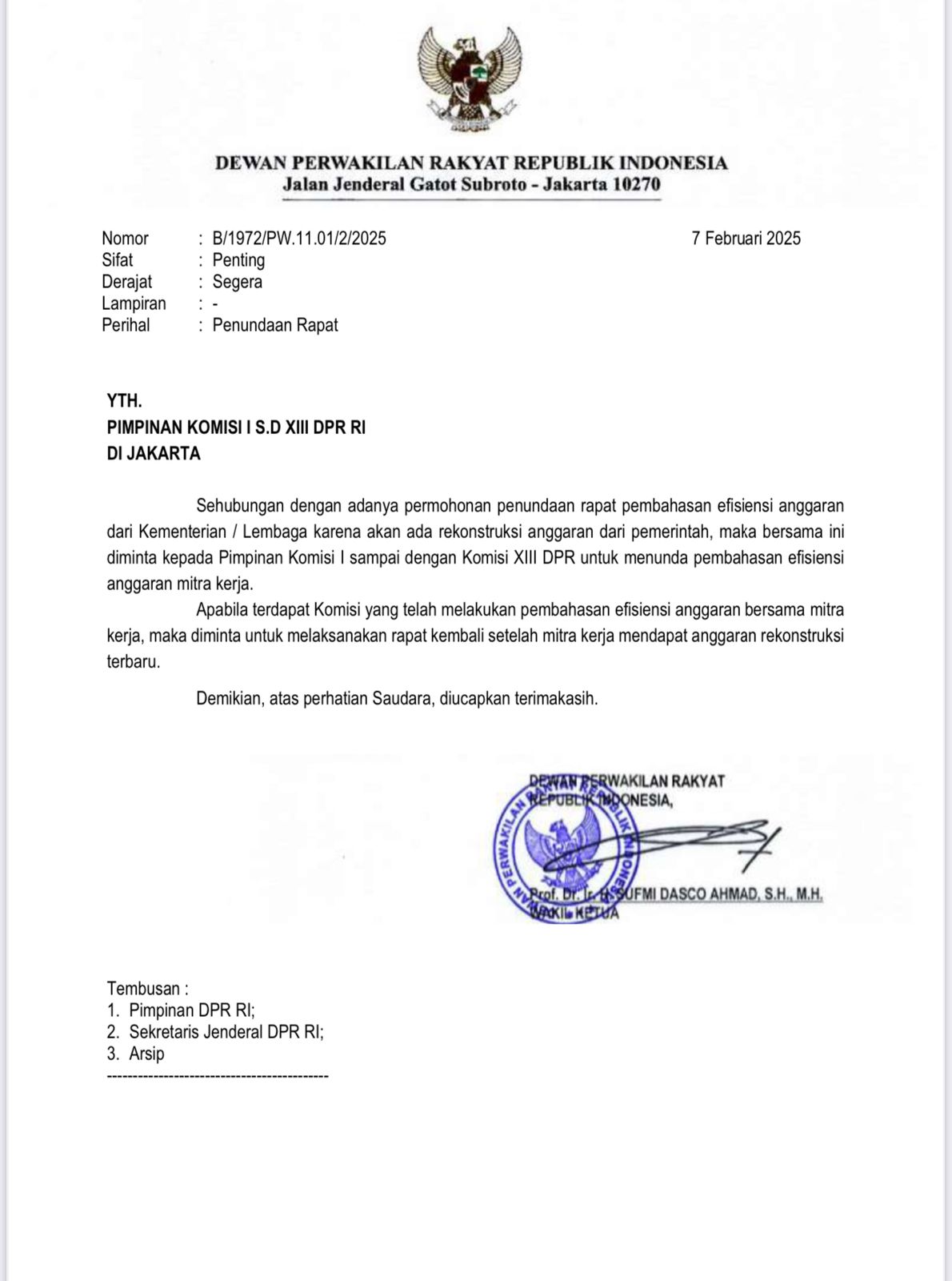 Salinan surat DPR nomor B/1972/PW.11.01/2/2025 tentang penundaan rapat pembahasan efisiensi anggaran dari kementerian/lembaga yang beredar di grup-grup aplikasi pengirim pesan. / Istimewa