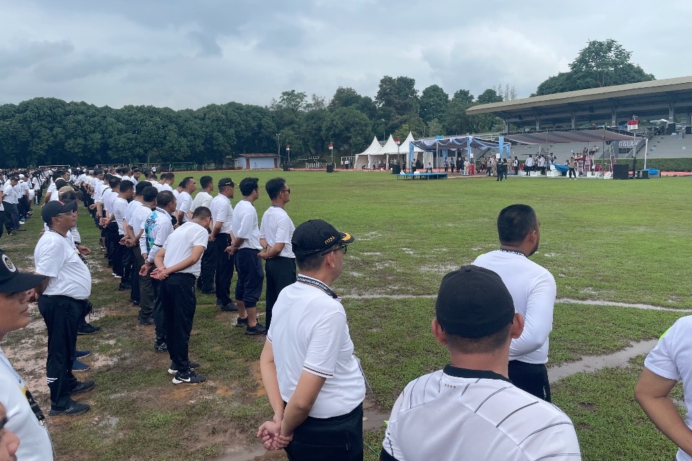 Suasana gladi penutupan Diklat Petugas Haji 1447 H/2026 M di Makodau I, Jakarta pada Kamis (29/1/2026). / Bisnis-Wibi Pangestu Pratama