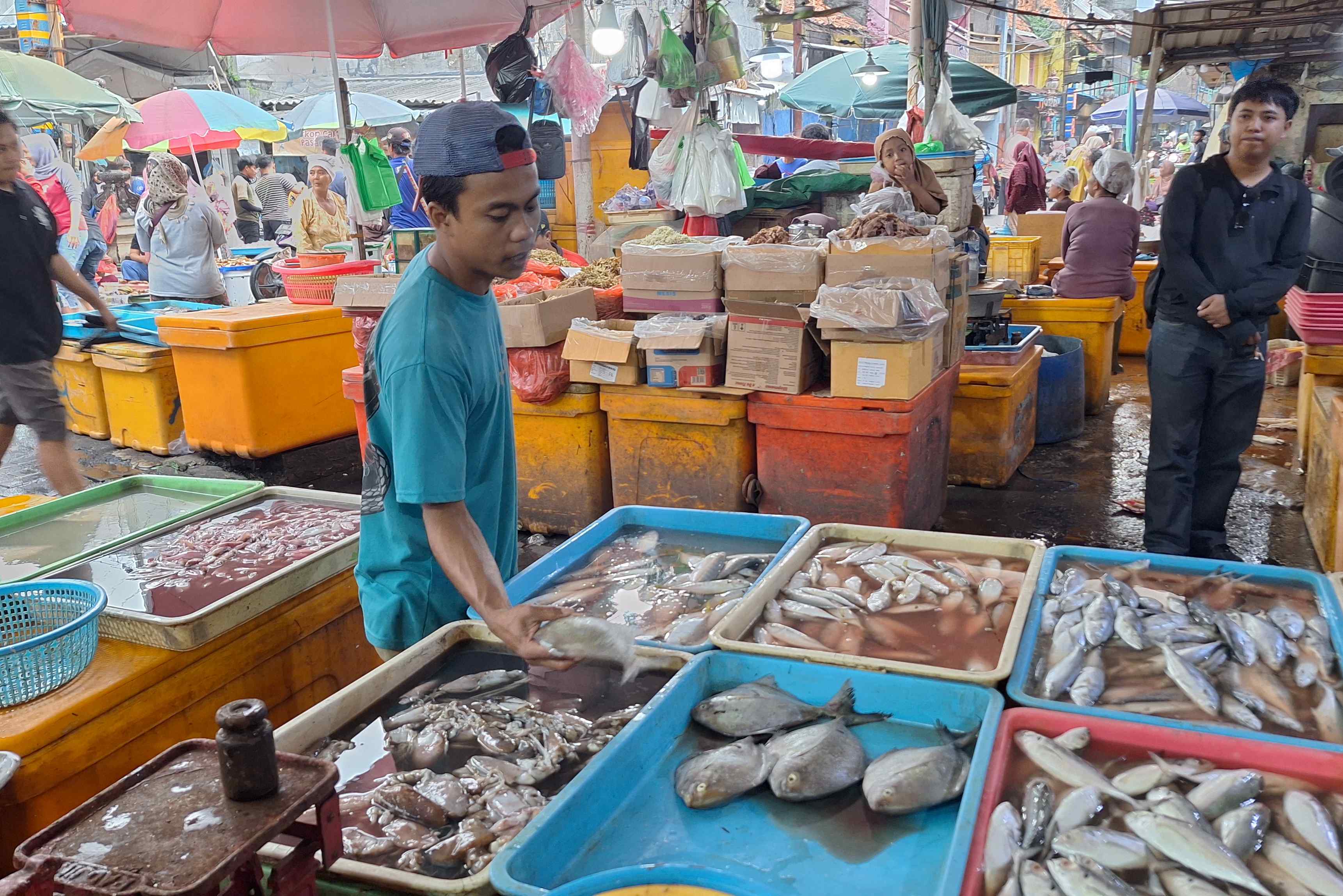 Potret Huda, salah satu pedagang komoditas sari laut di Pasar Pabean, Surabaya yang tengah menjajakan dagangannya. /Bisnis-Julianus Palermo 