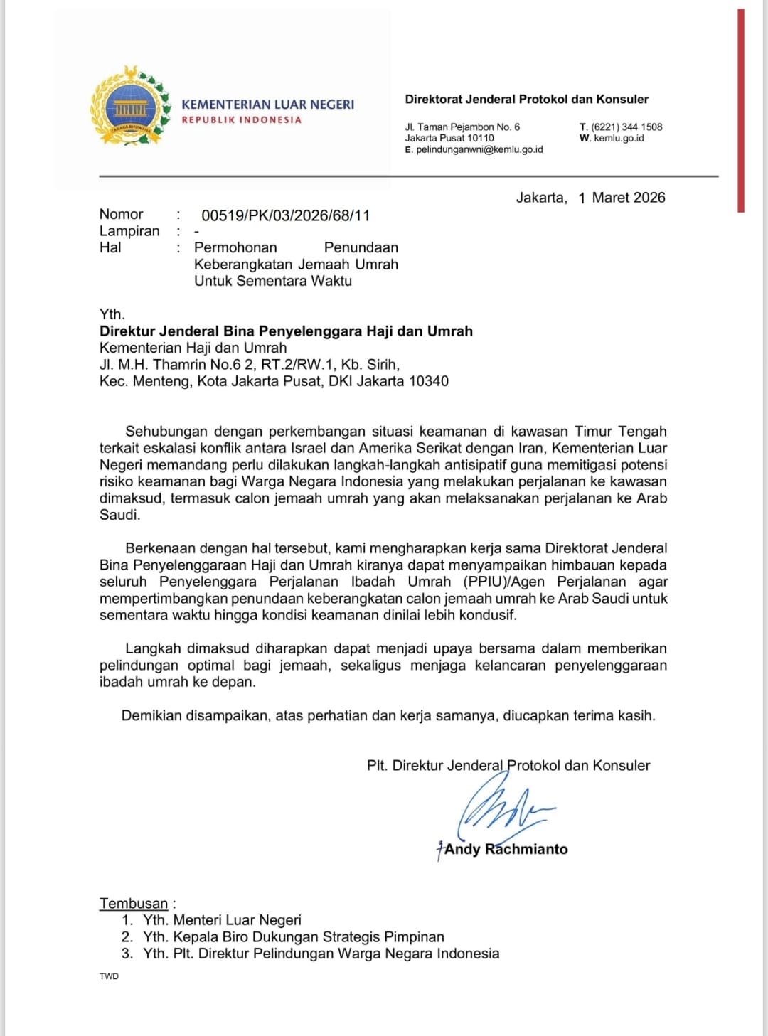 Surat Kemenlu untuk Kemenhaj terkait imbauan agar jemaah umrah menunda keberangkatan ke Tanah Suci. / dok Istimewa
