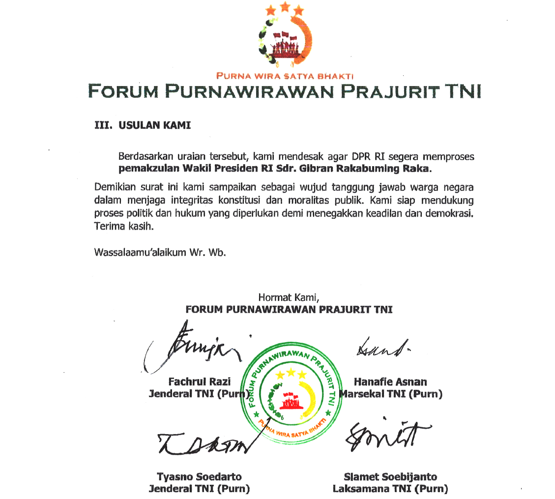 Surat usulan pemakzulan Wakil Presiden Gibran Rakabuming Raka dari Forum Purnawirawan Prajurit TNI. / dok Istimewa