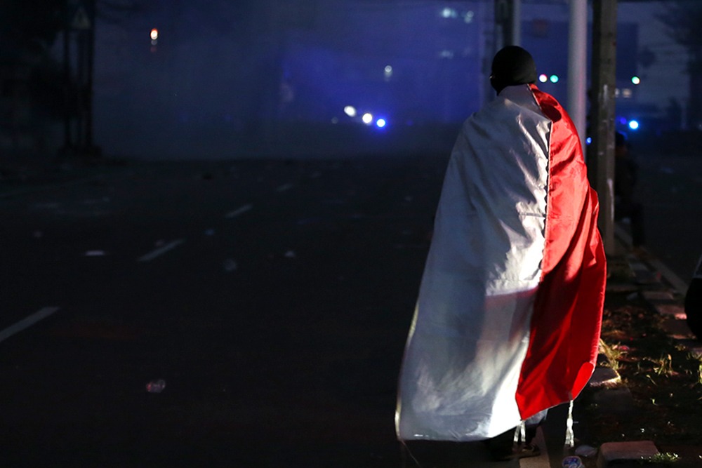 Situasi di Jalan Pejompongan, Jakarta Pusat, usai massa demonstran dan Polisi membubarkan diri setelah terlibat bentrokan, Kamis (28/8/2025)./Bisnis-Nurul Hidayat