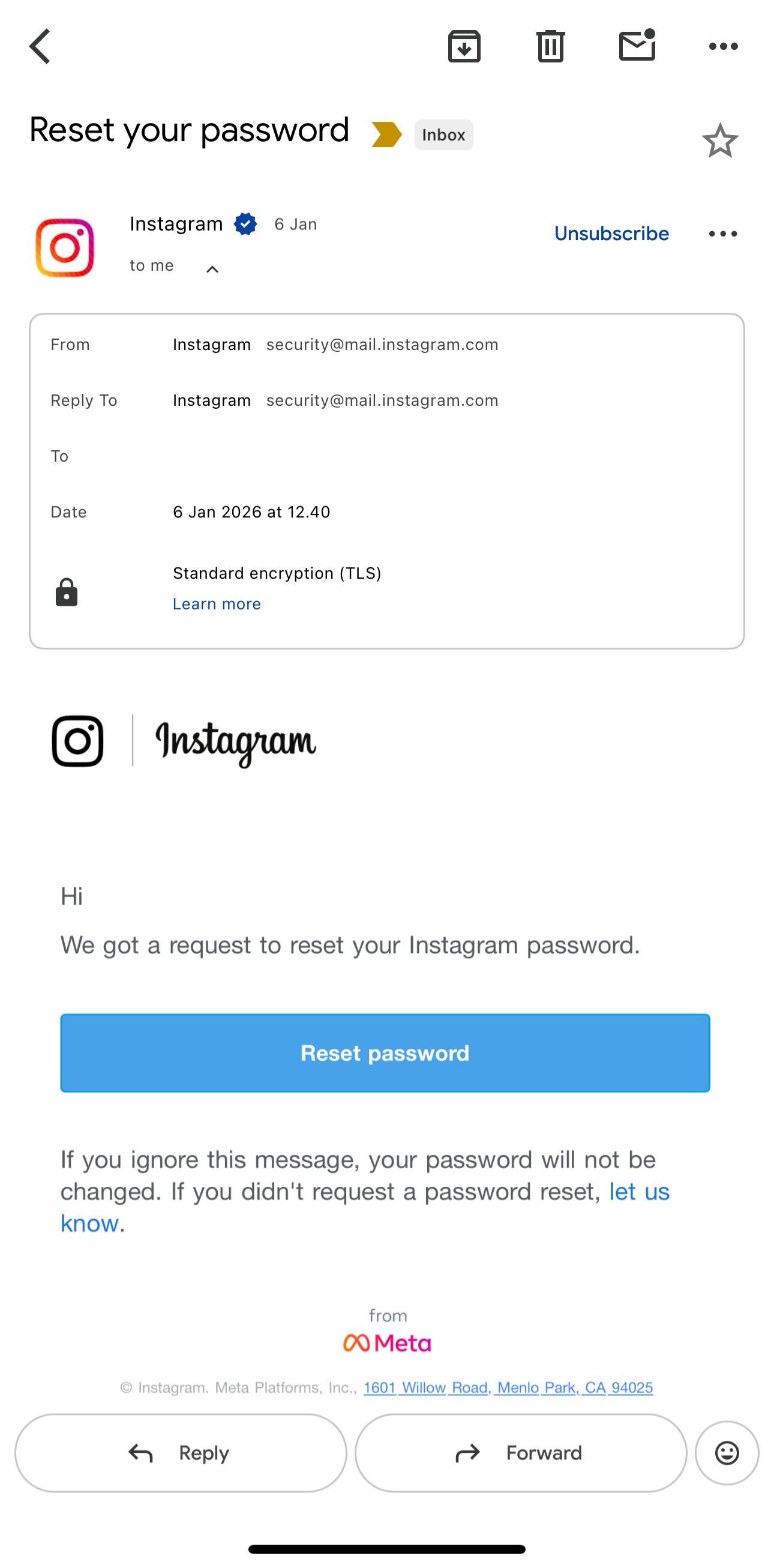 Surel permohonan ganti password IG