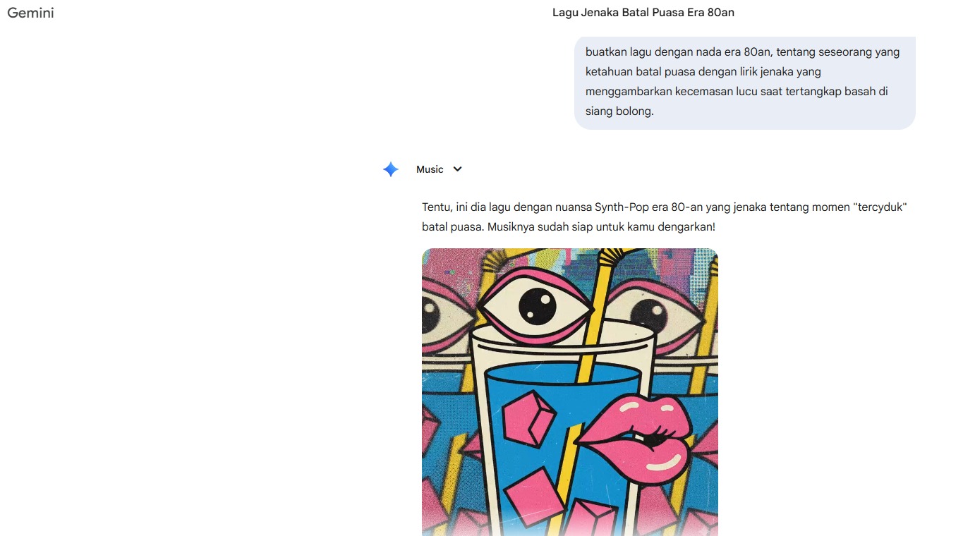 Fitur pembuatan musik AI Gemini yang menggunakan model Lyra 3 dari DeepMind saat dicoba membuat musik dengan bahasa Indonesia