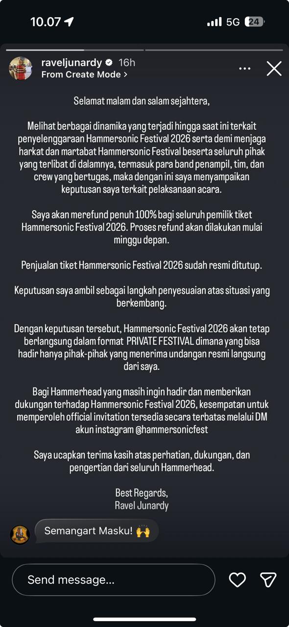 Hammersonic Festival 2026 Berubah Format jadi Private, Tiket Direfund 100 Persen