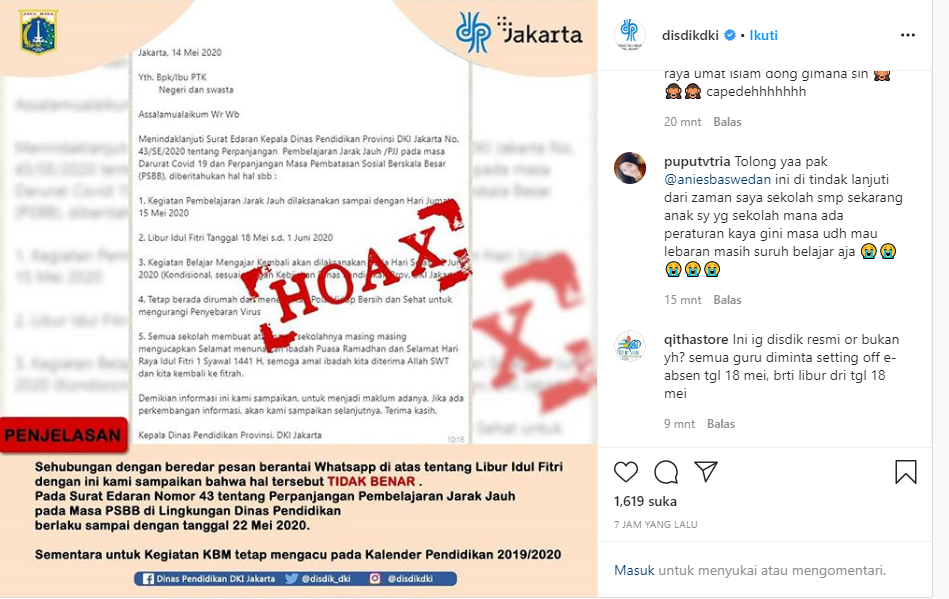 cek fakta, hoaks, libur idulfitri sekolah DKI Jakarta