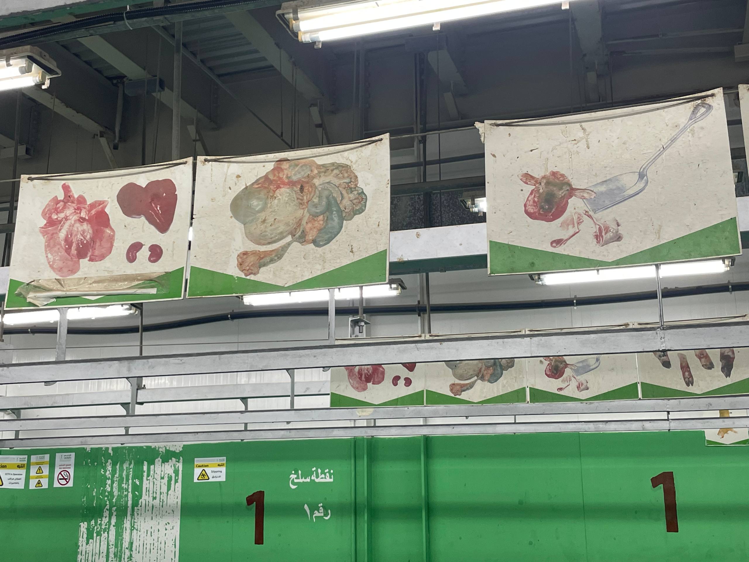 Gambar penanda bagian daging di tempat pemotongan dan penyimpanan daging, di fasilitas pemotongan hewan milik Adahi, Makkah pada Senin (11/5/2026). / Bisnis-Wibi Pangestu Pratama