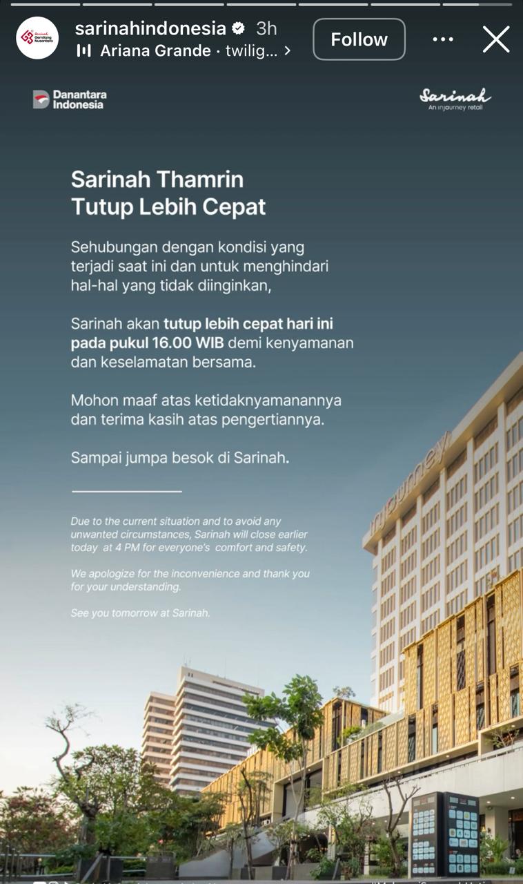Sarinah Tutup Lebih Cepat Jam 4 Sore, Antisipasi Dampak Demo